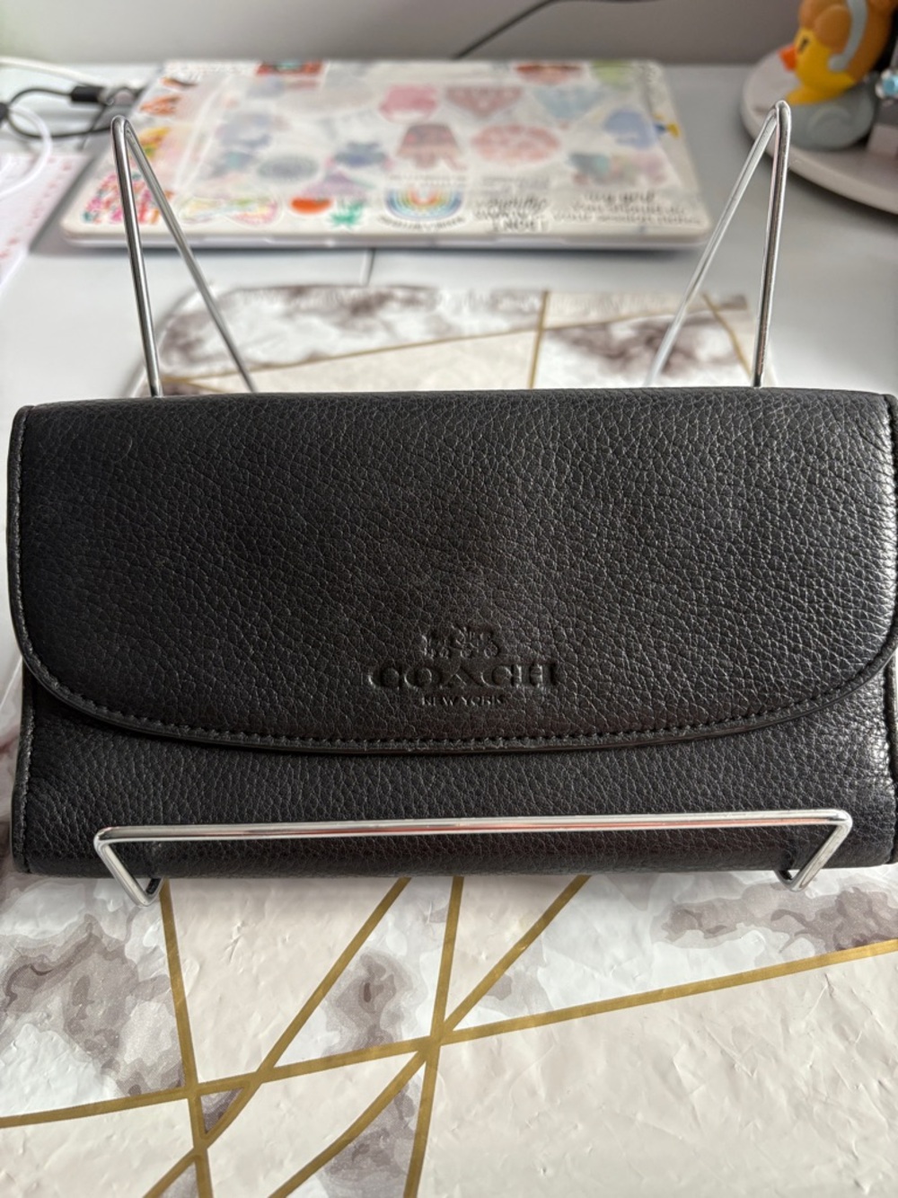 Coach F54009 Black Soft Pebbled Leather Fold-Over Wallet with Embossed Logo